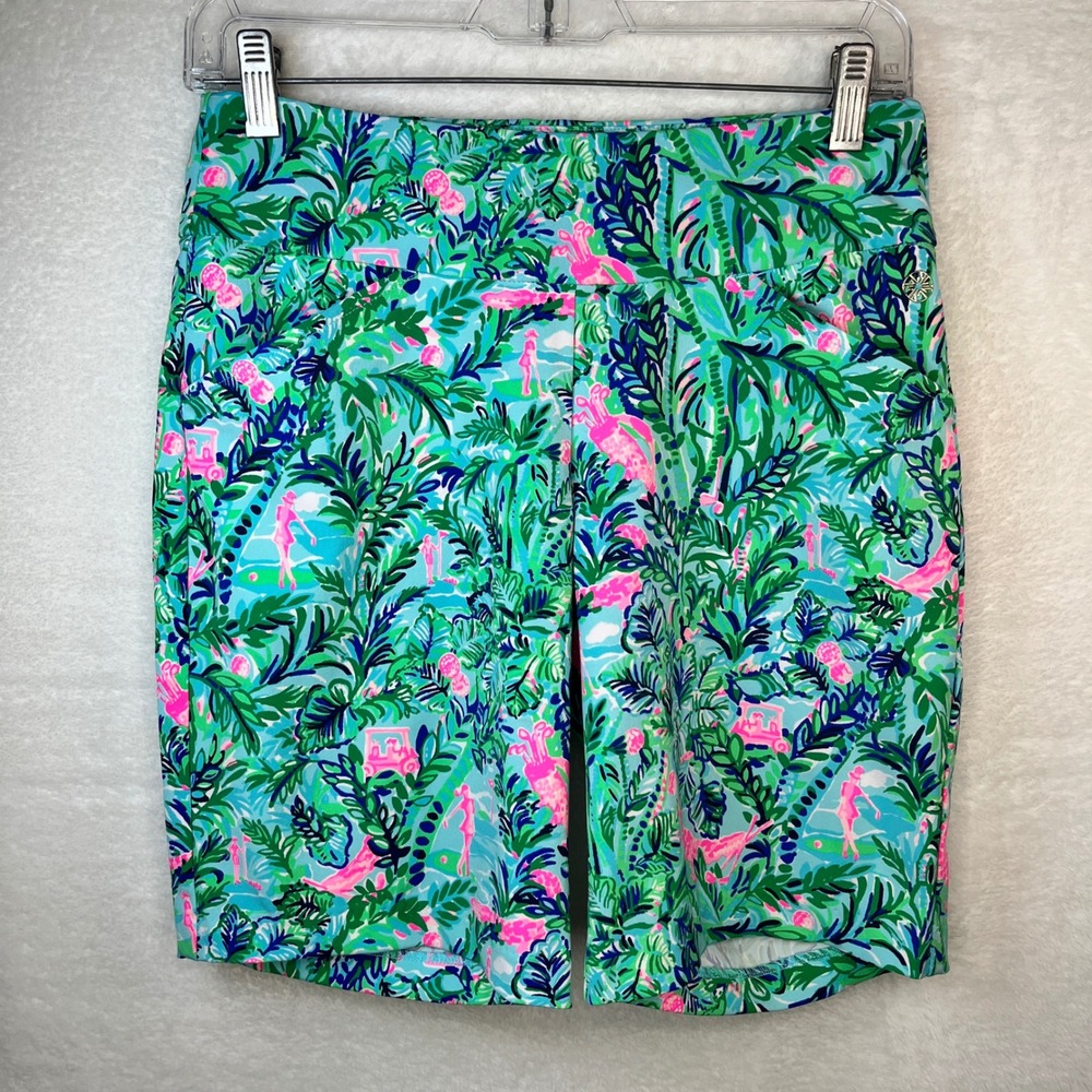 Lilly Pulitzer Luxletic Golf Shorts Womens Size 2 Turquoise Green Flamingo Print
